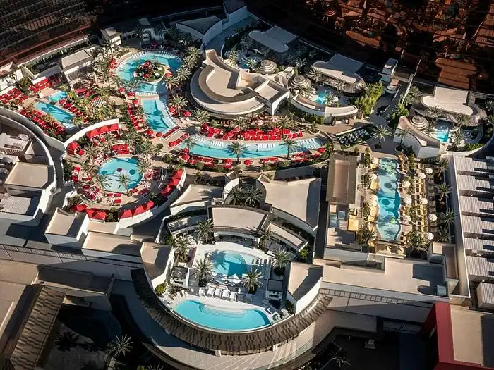 An ariel view of the pools at Resorts World Las Vegas