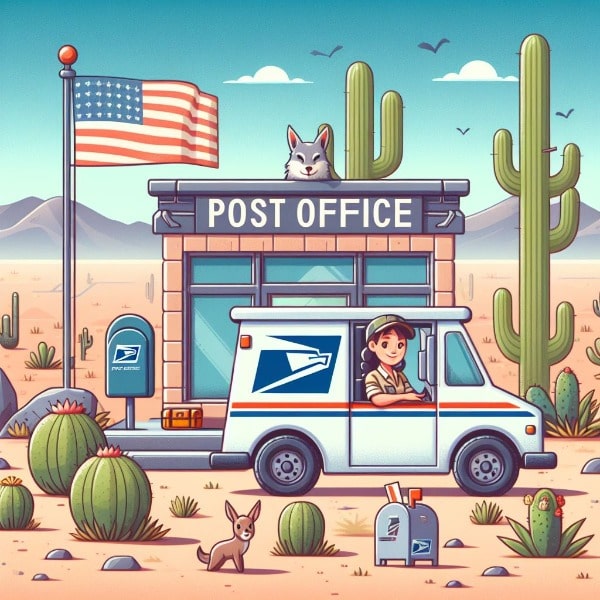 This is a picture of a postal truck with the mail person in the driver seat at a US Post Office that is in the Las Vegas desert with many things going on around it