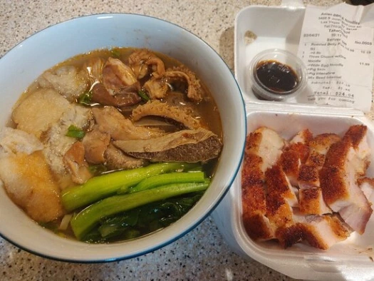 This is a picture of a BBQ Pork Rice Plate at Asian BBQ Noodle in Las Vegas