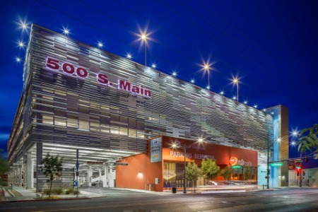 This is an exterior photo of the City Hall Parking Garage in Las Vegas at 500 S Main St