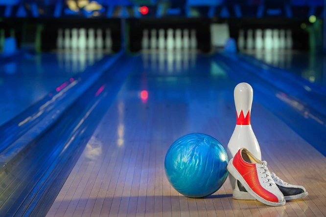 This is a bowling lane at Velocity Esports Arcade Bowling in Las Vegas at Town Square