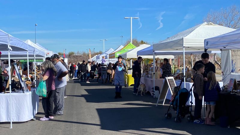 Vendor tents are lined up at the Cornerstone Park Farmers Market in Henderson Nevada