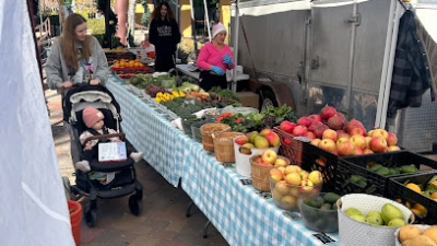 This is a picture of pomegranates and tomatoes on a table at the Exploration Peek Park Farmers Market in Las Vegas