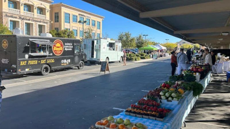 This is a view of booths and food trucks at the Southern Highlands Farmers Market in Las Vegas