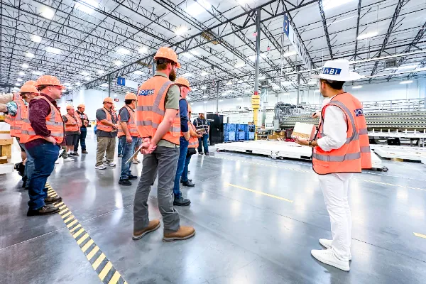 This is a group of workers being briefed at The BOXABL Factory floor in North Las Vegas