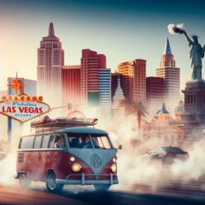 A VW bus driving in Las Vegas looking for smog check locations