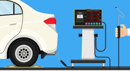 A car is getting a smog check at an emissions testing station in Las Vegas