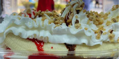 A banana split from Snowie Paradice Las Vegas Food Truck