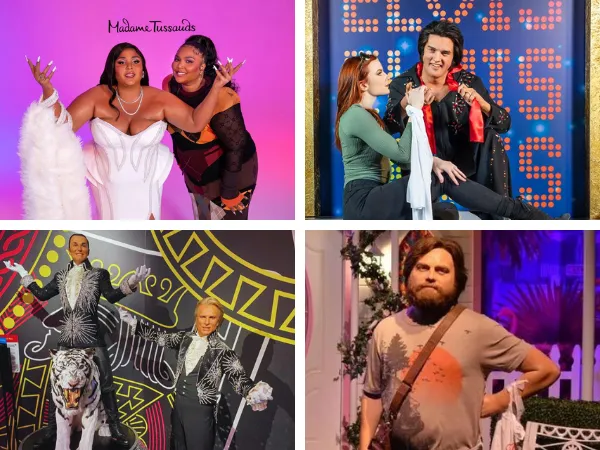 A collage of popular celebrity statutes from the Madame Tussauds Wax Museum in Las Vegas