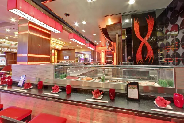 RED Asian Cuisine at Golden Nugget Las Vegas - a counter bar seating area next to the casino