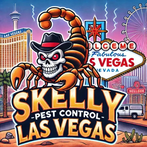 Skelly Pest Control - A cartoon scorpion dressed up like Elvis with the text Skelly Pest Control Las Vegas at the bottom and a backdrop of the Las Vegas Strip